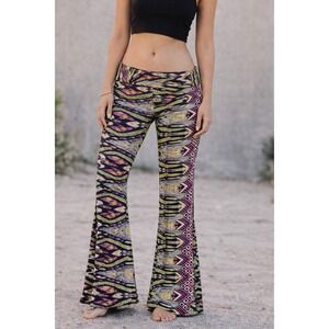 J Up Multi Ikat Foldover Low Rise Flare Pants Sz L Boho Y2K Festival Stretchy